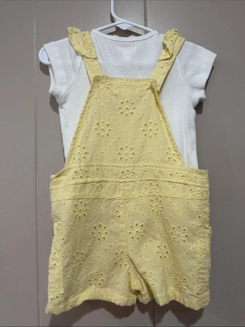 Nannette Lemon Yellow Eyelet Ruffle Strap Short Overalls